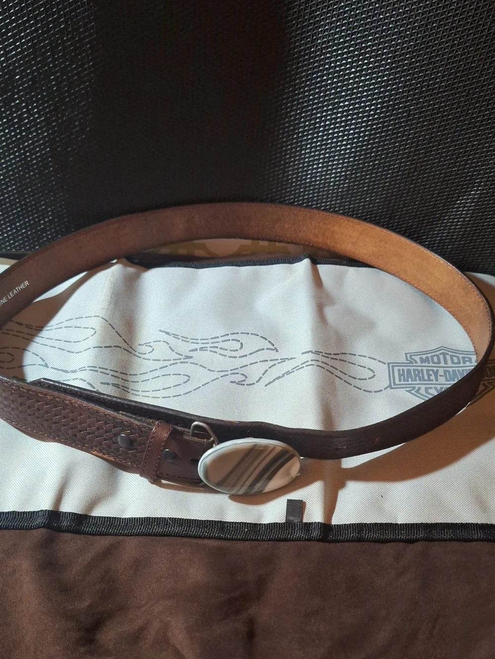 Vintage Nocona Brown Basketweave Leather Western Belt w/ Agate Stone Buckle